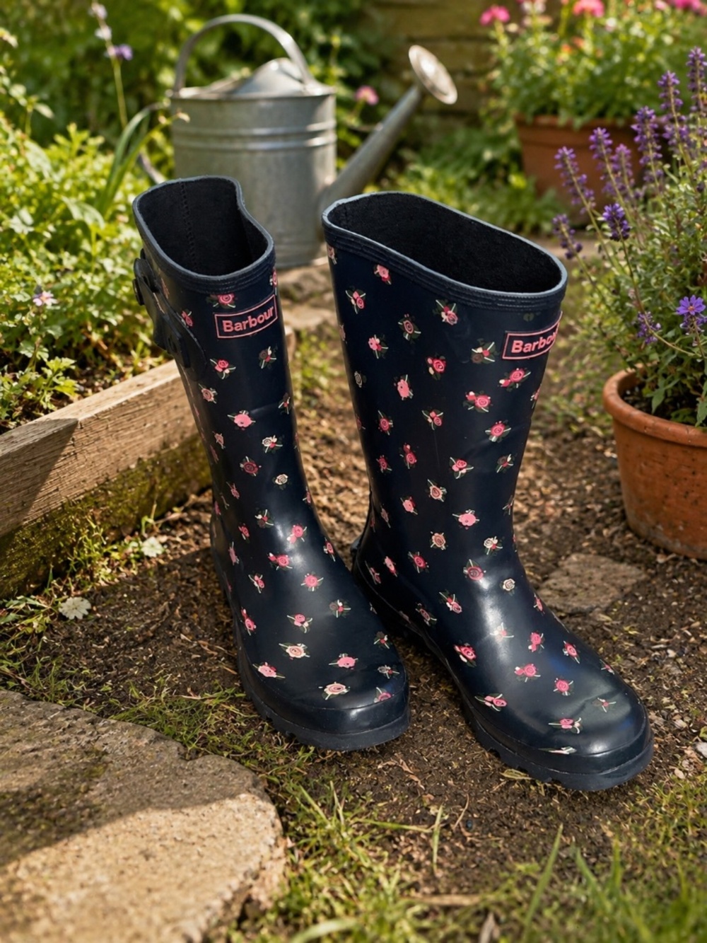 Barbour Wellington Mid Women's Rain Boots Floral Pattern Size UK 7 US 9
